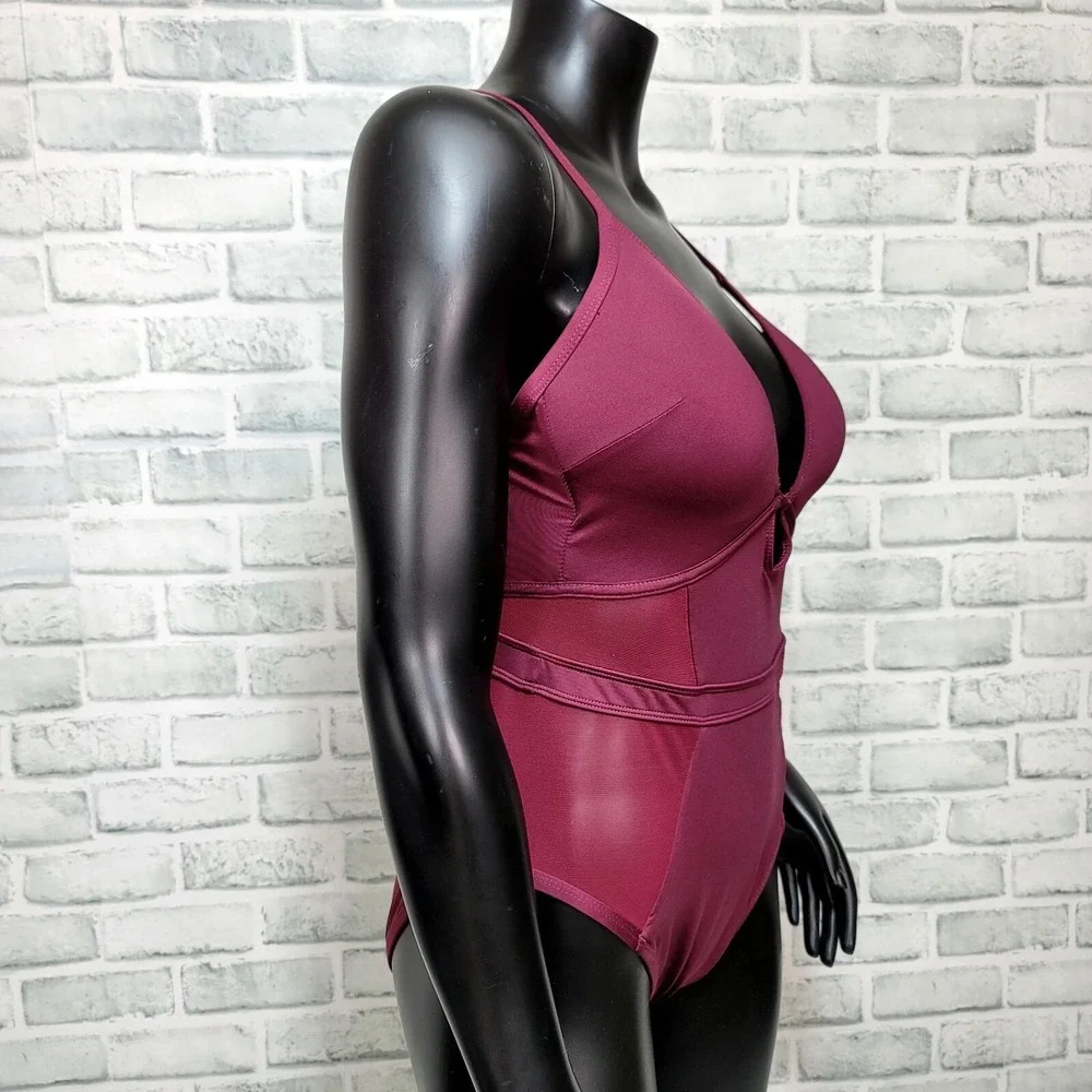Kenneth Cole New York Burgundy Mesh‎ Panel One Piece Swimsuit VNeck Cutout Back